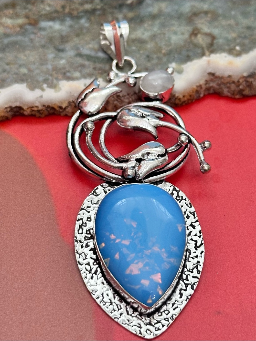 RUBYRUDI Blue Opal Teardrop Pendant Necklace with Moonstone and Swirl Accents